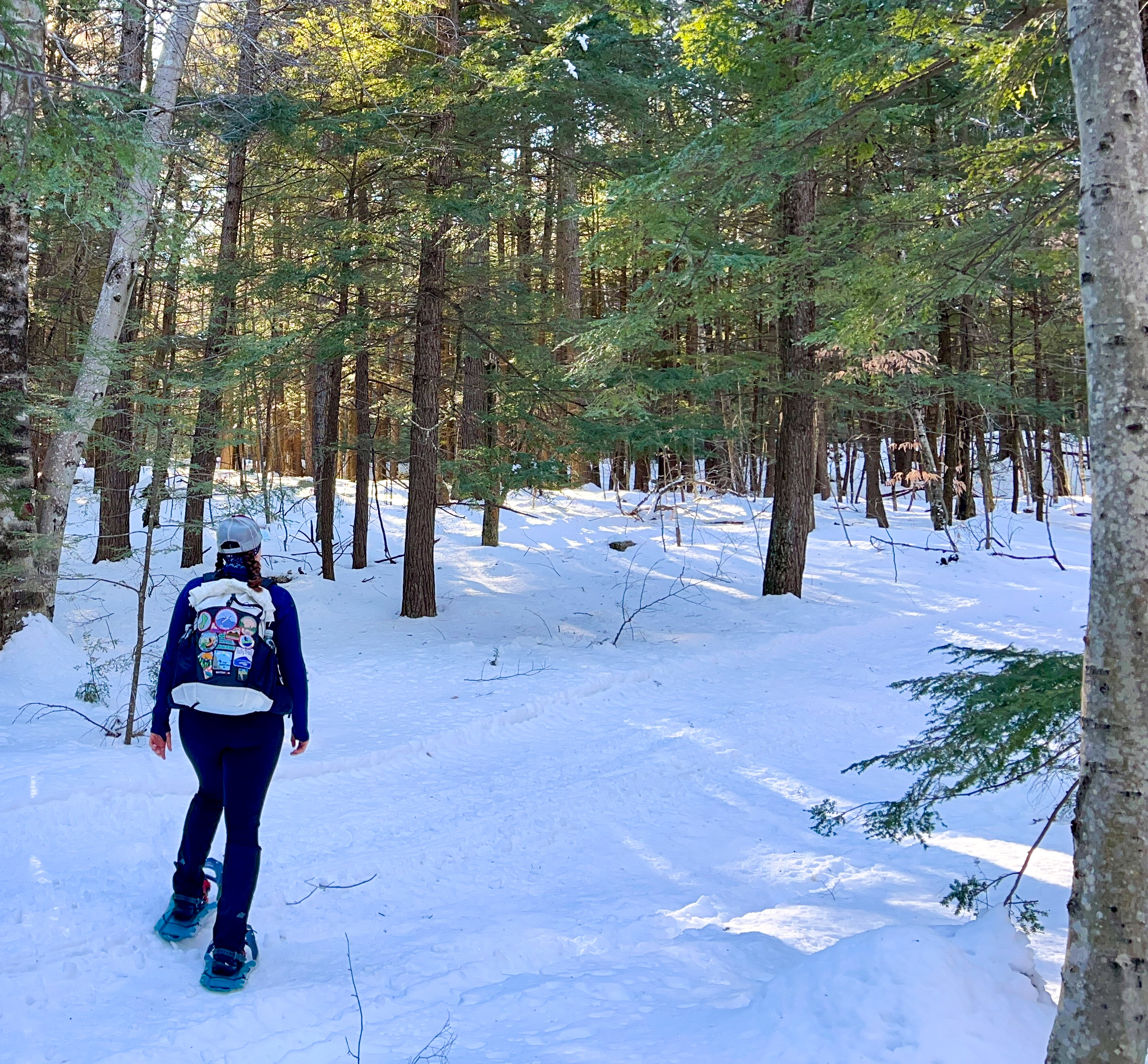 A woman walks along a flat trail wearing the MSR Revo Ascent snowshoes