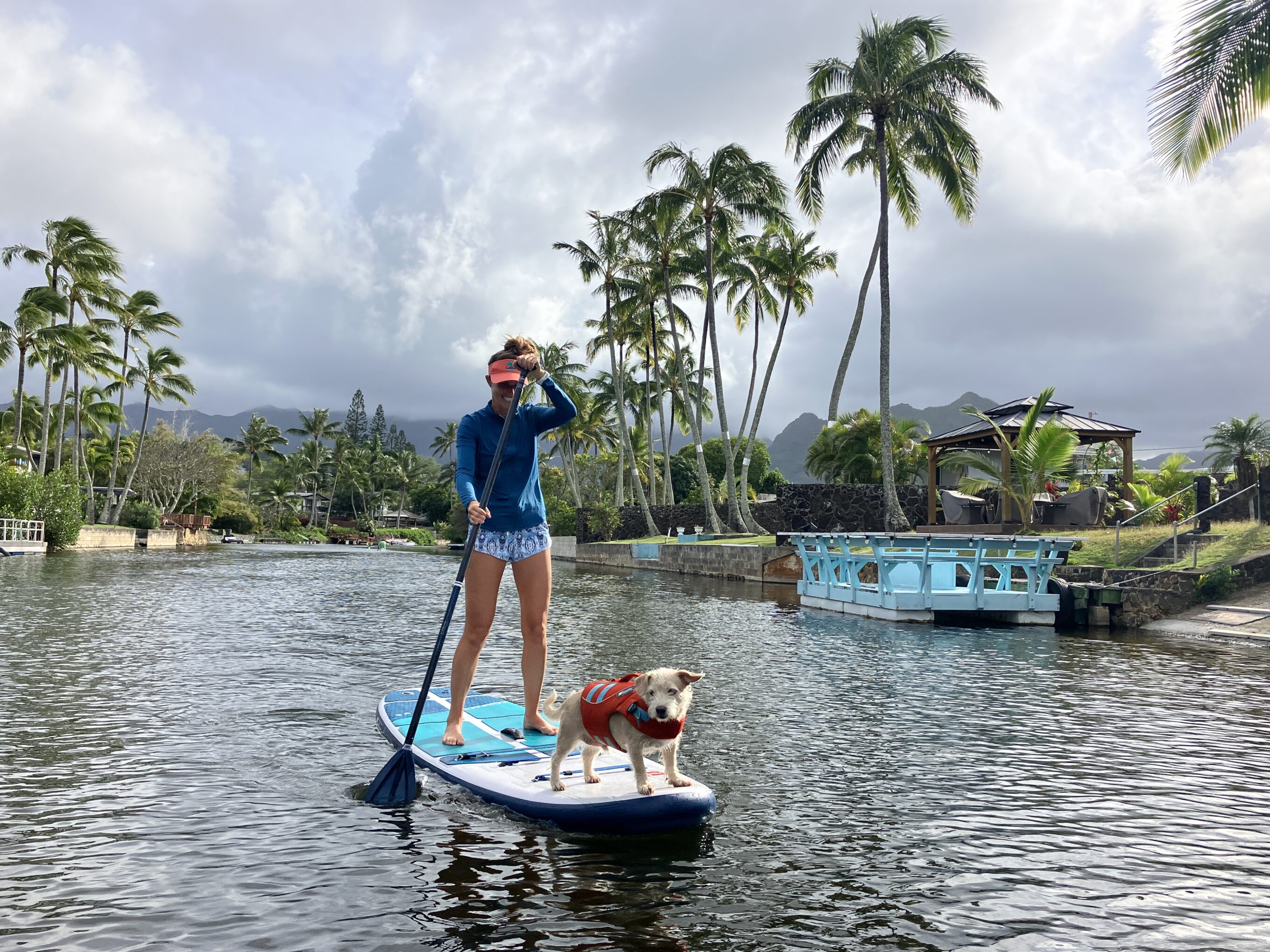 a woman stand up paddling with her dog in a sun shrit