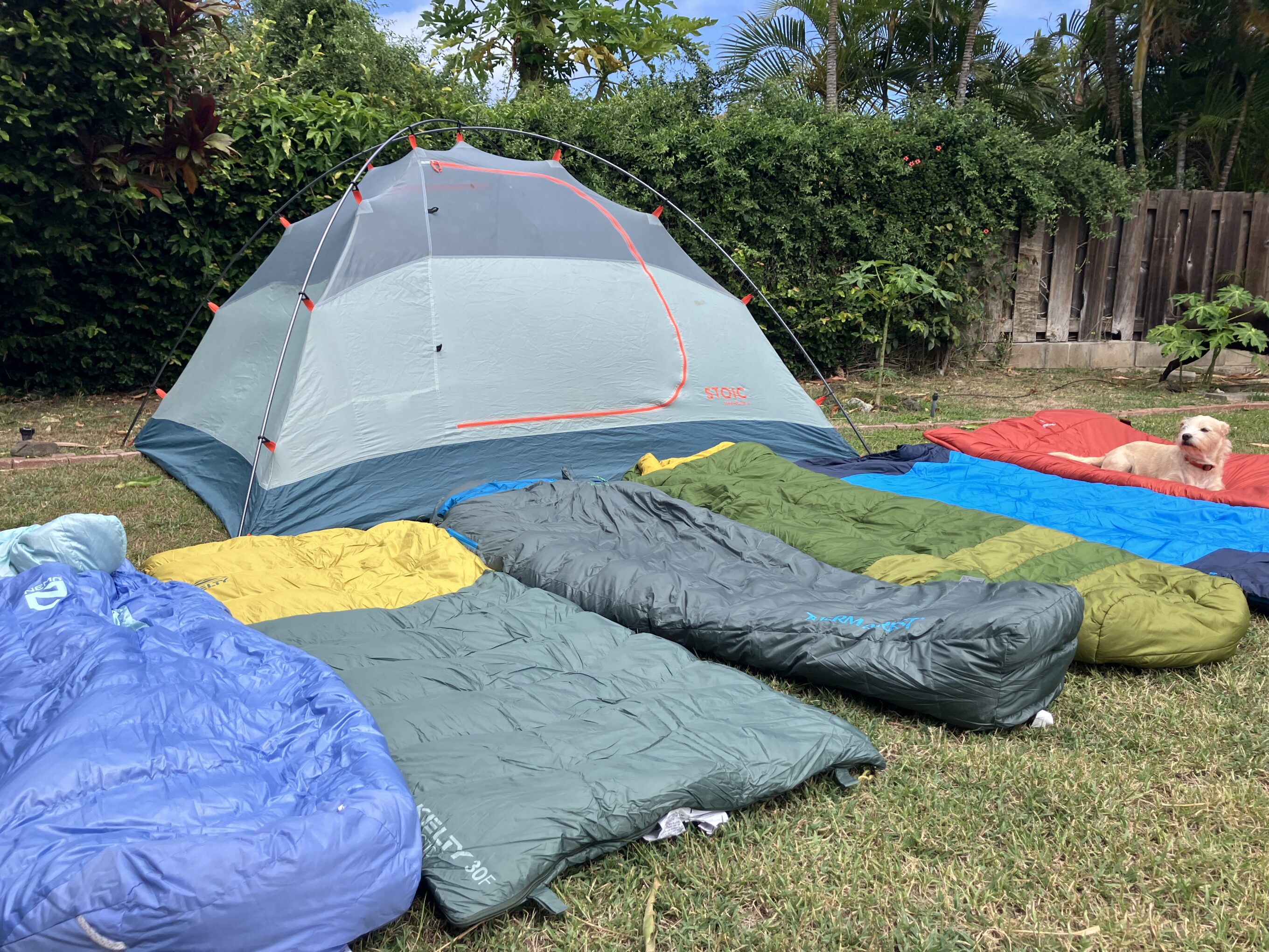 s bunch of camping sleeping bags and a tent