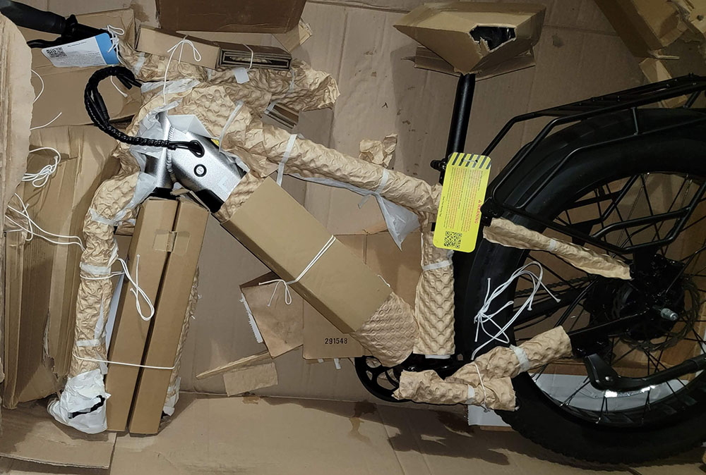 Lectric's Xpeak electric bike in the shipping box