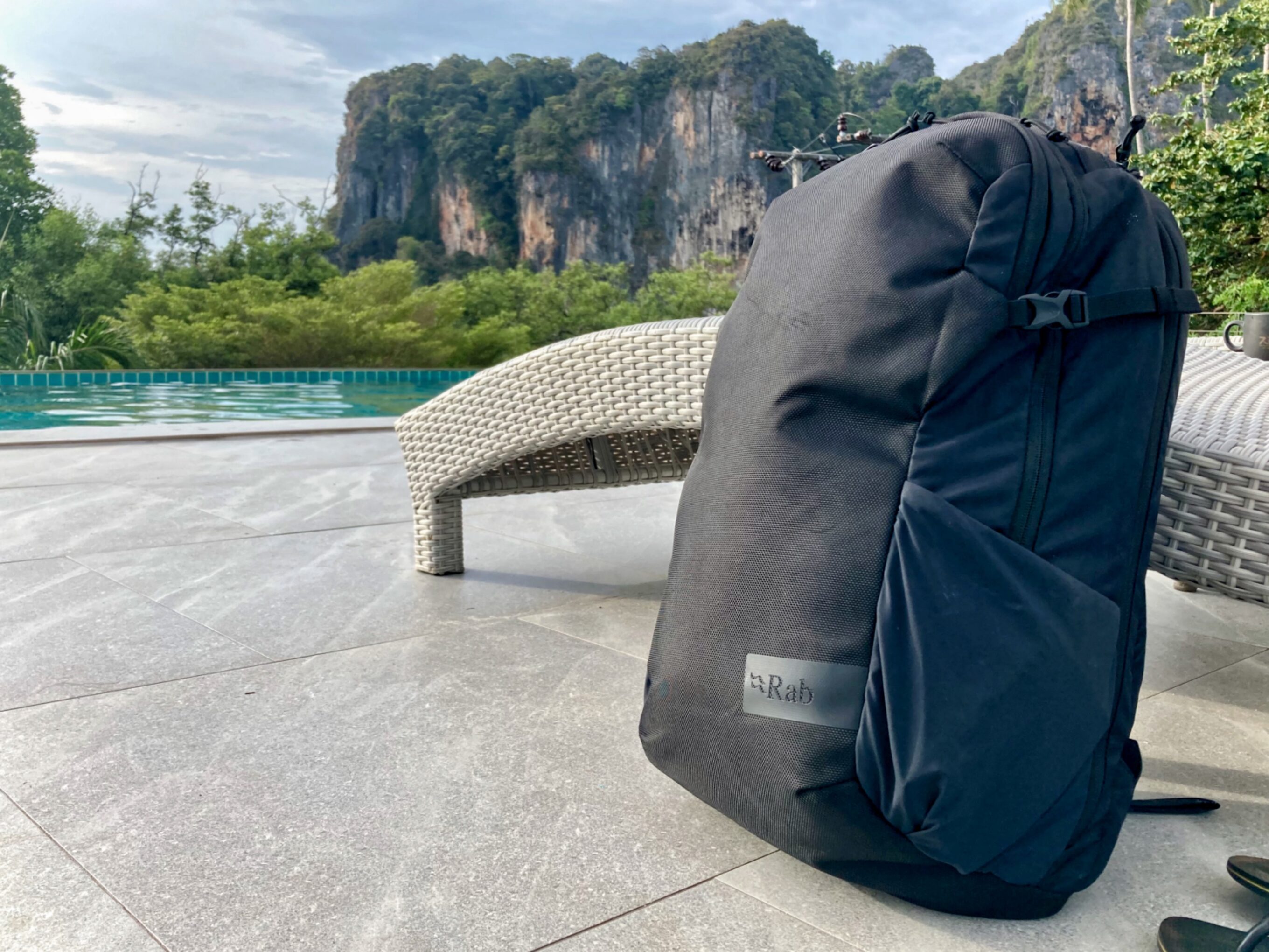 travel backpack poolside
