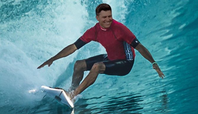 An "in-no-way-doctored photo" from Jost's announcement that he would be covering Olympic surfing for NBC. Photo: Colin Jost // Instagram