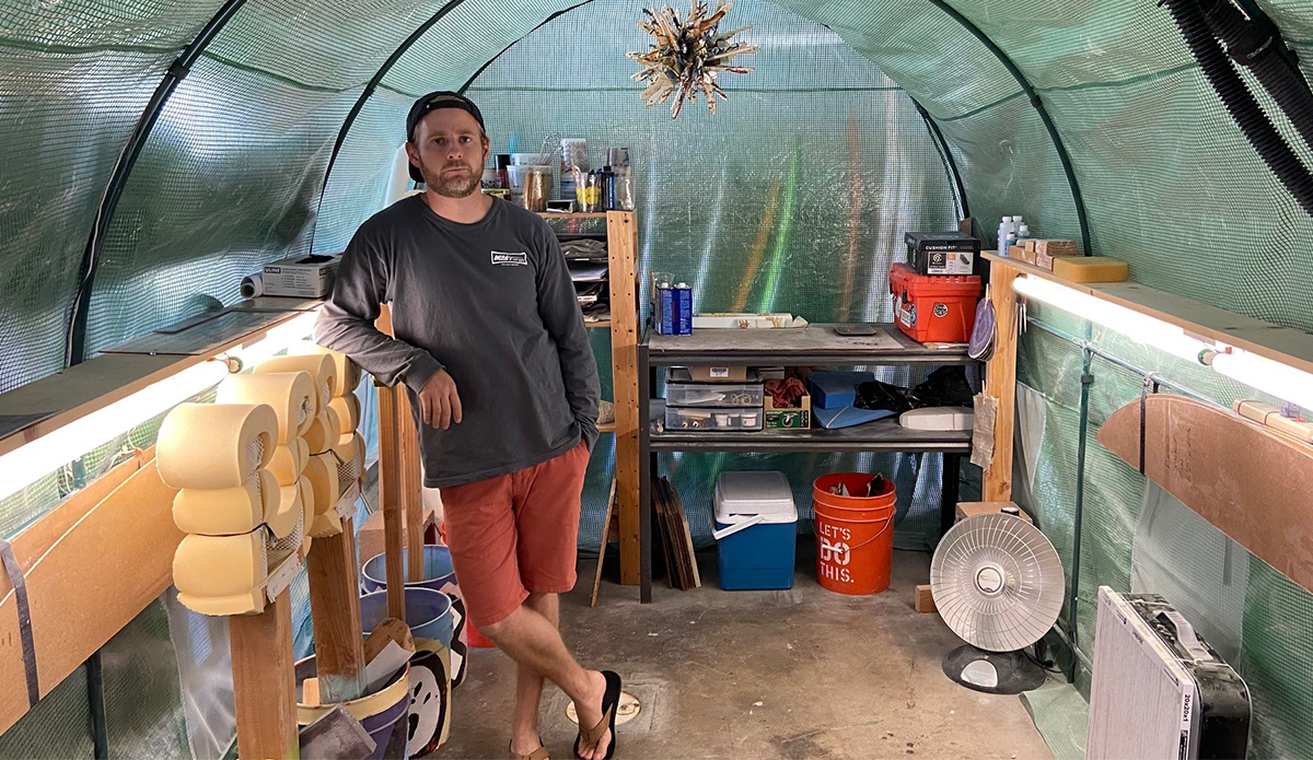 Tanner's old shaping bay - a converted greenhouse. Photo: Tanner Bendheim