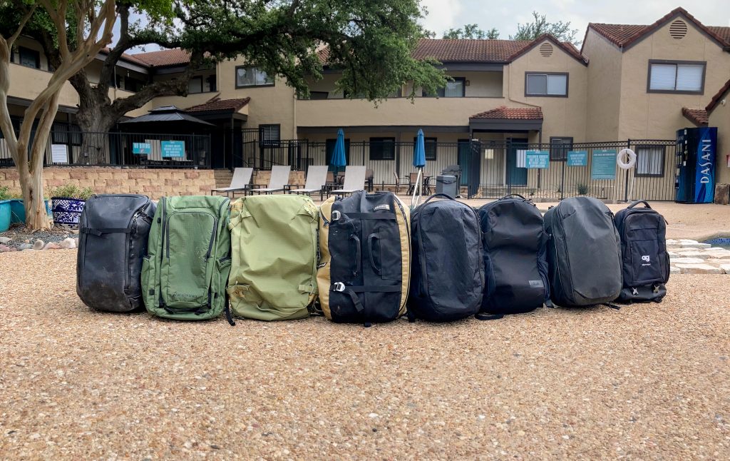 travel backpacks in a row