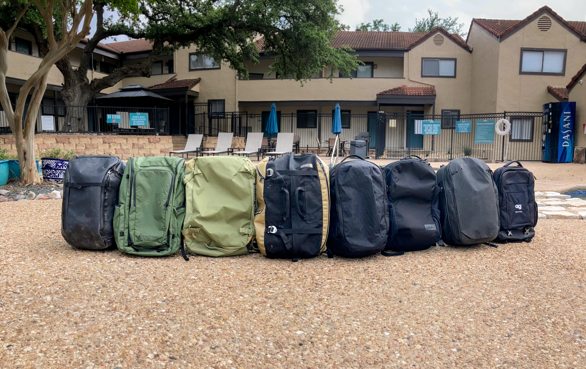 travel backpacks in a row