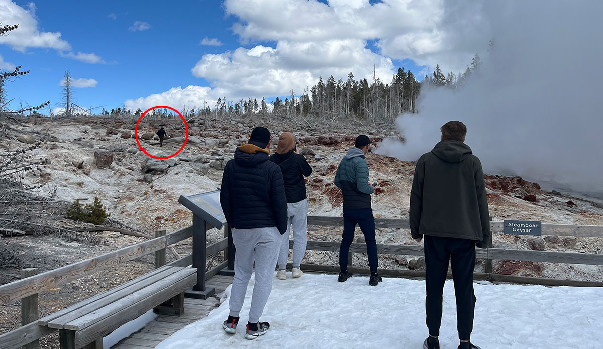 Yellowstone tourist near Steamboat Geyser