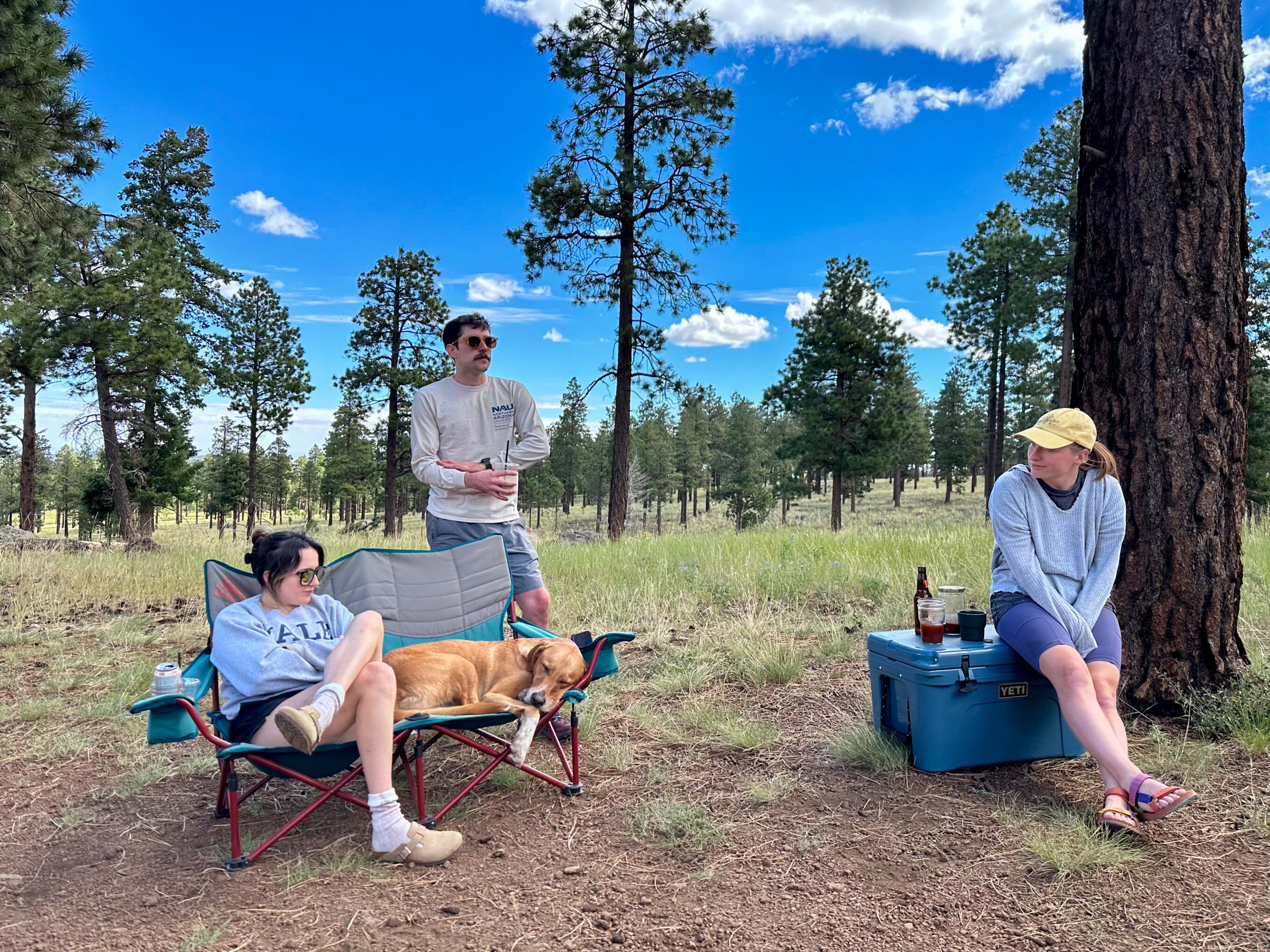 three people around campsite, one sitting with dog in a camping chair