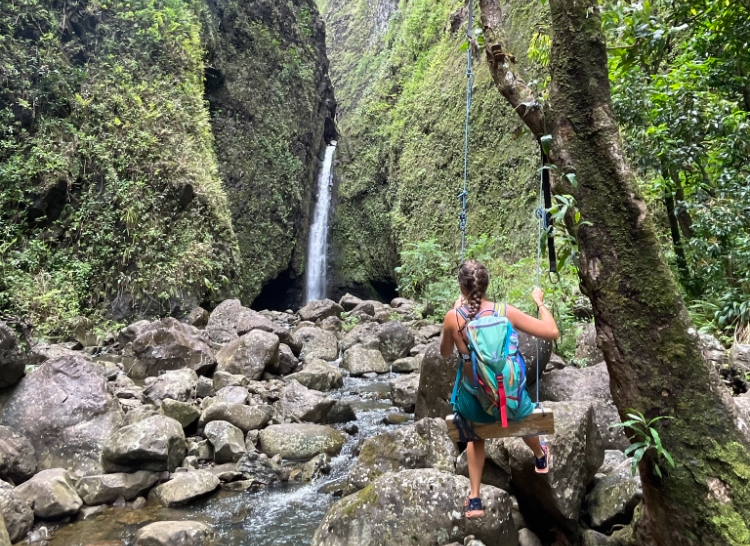 a woman on a swing in front of a waterfall