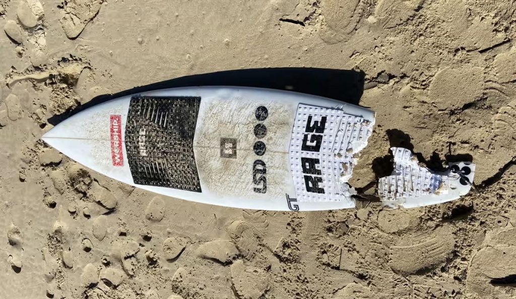 Kai McKenzie's board, shortly after a shark attack severed his leg. Photo: NSW Police