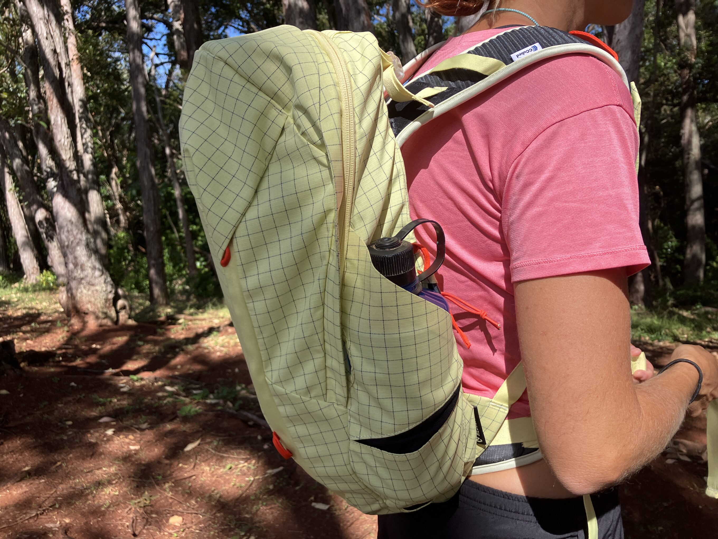 a water bottle in a backpack