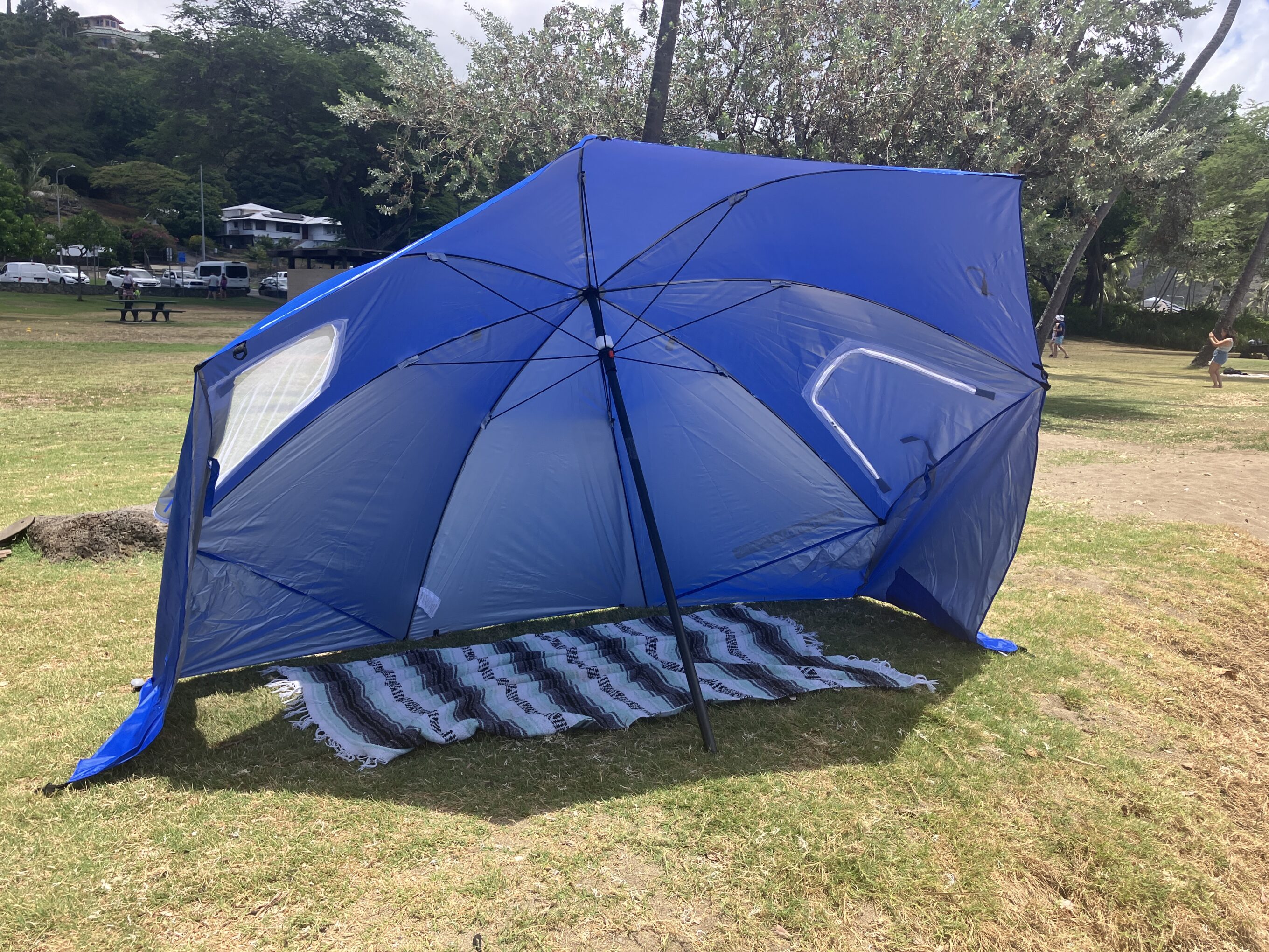 a beach umbrella on teh grass