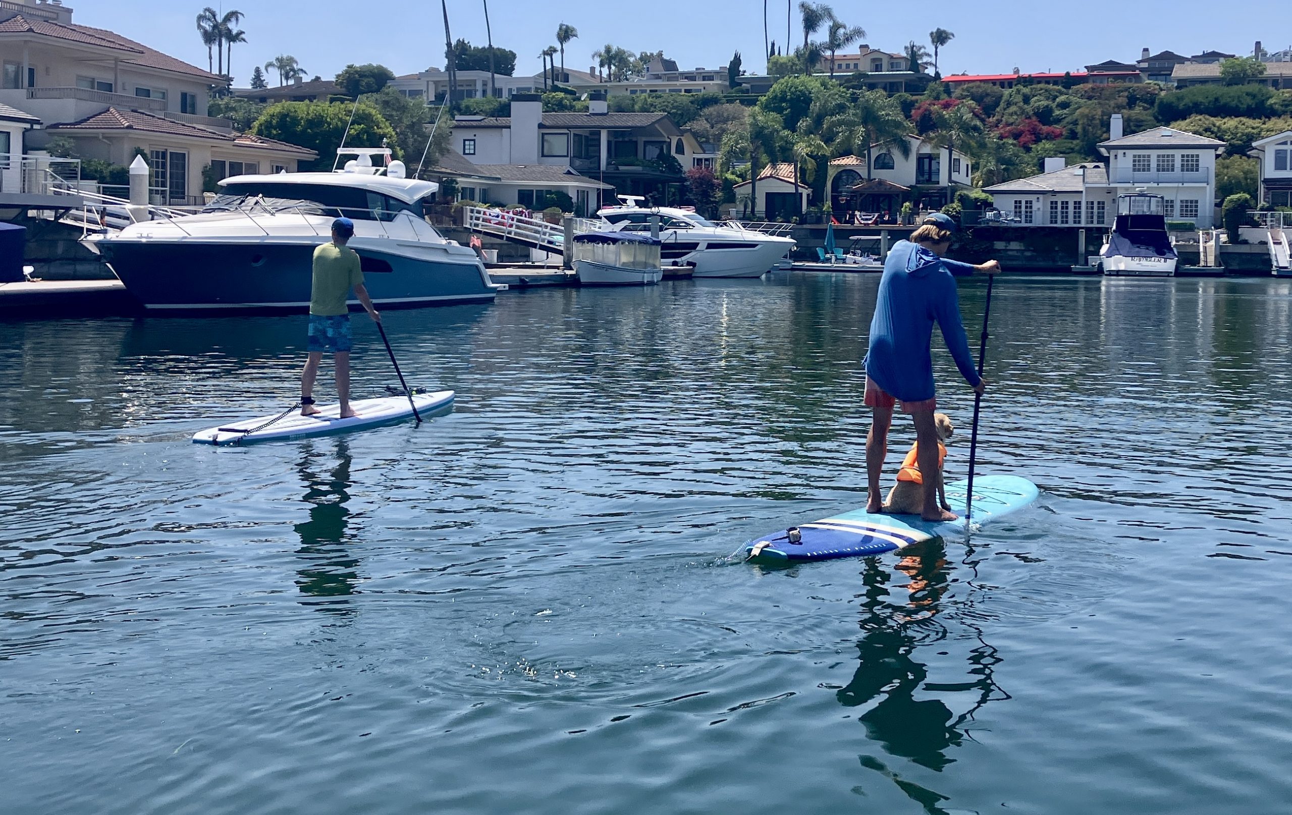two men paddle boarding