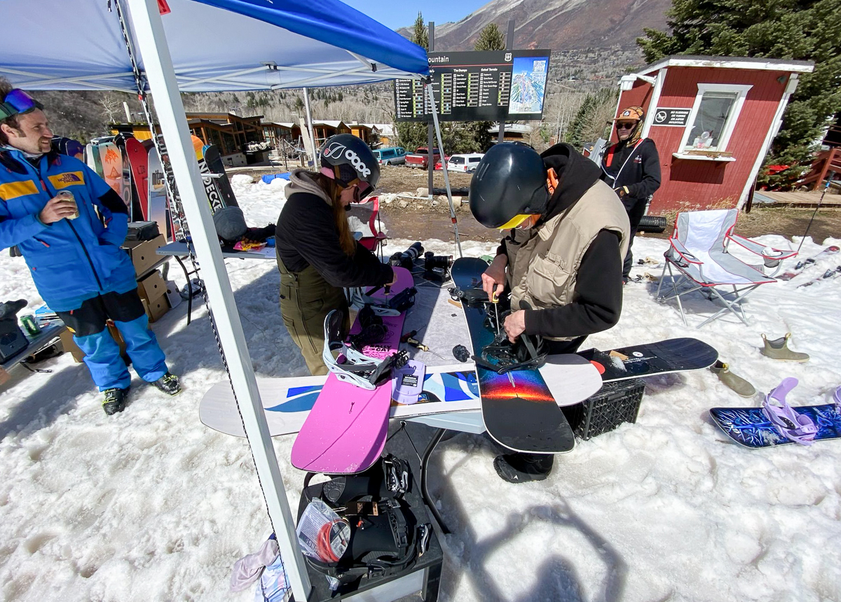 setting up snowboards with bindings