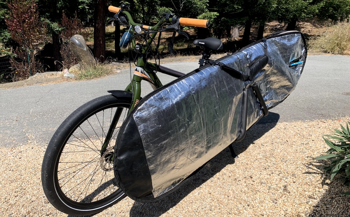 surfboard on a bike rack