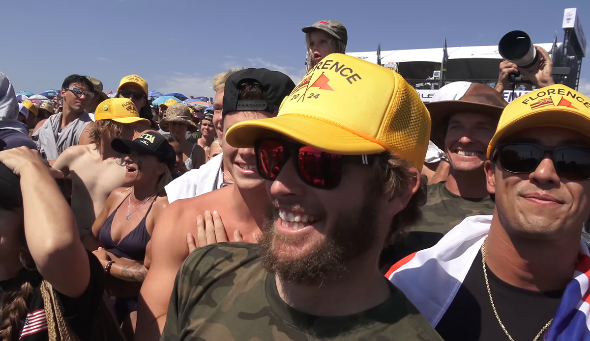 Nathan Florence joins a crowd of Florence-clad onlookers to watch his brother win the WSL finals. Photo: Nathan Florence // YouTube