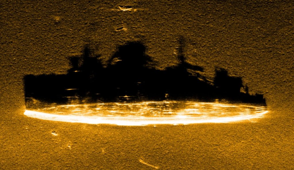 A sonar image of the U.S. Stewart resting on the seafloor of the Cordell Bank National Marine Sanctuary. Photo: Ocean Infinity
