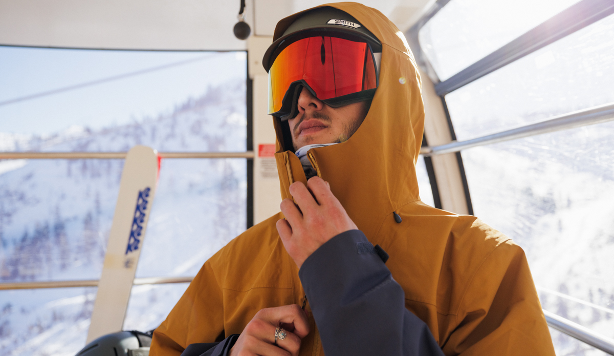 Hood on the Patagonia Storm Shift Ski Jacket