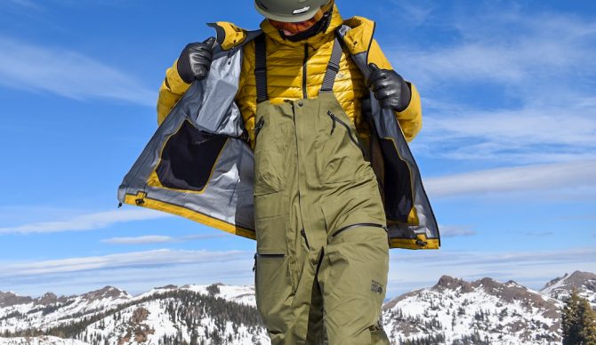 Front view of the Mountain Hardwear High Exposure Bibs