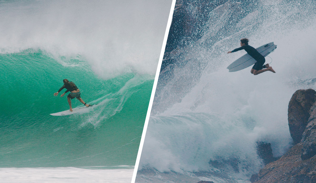 Laurie Towner and Bryce Young surfing Cyclone Alfred