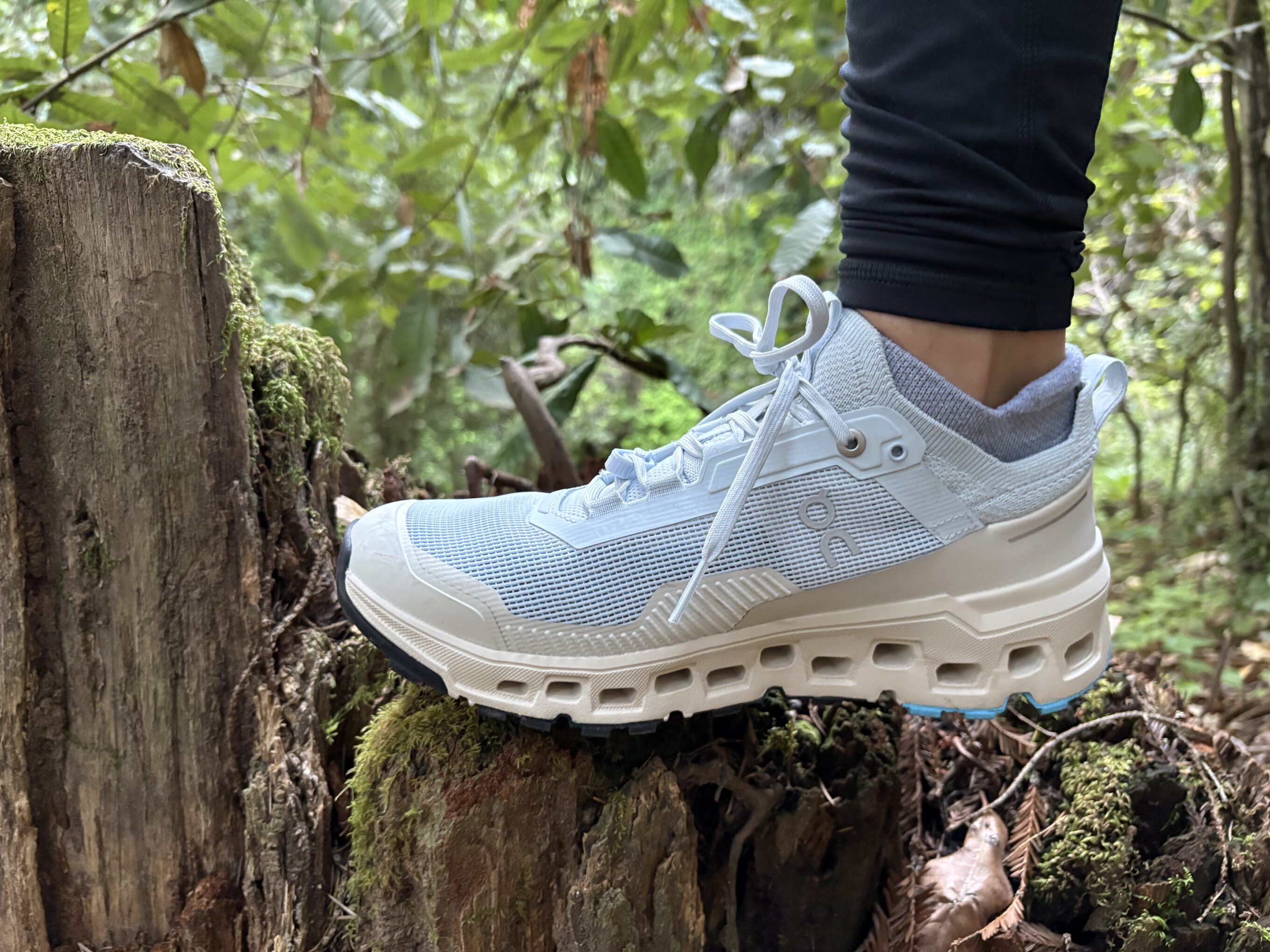 a close up on an On Cloudultra hiking shoes