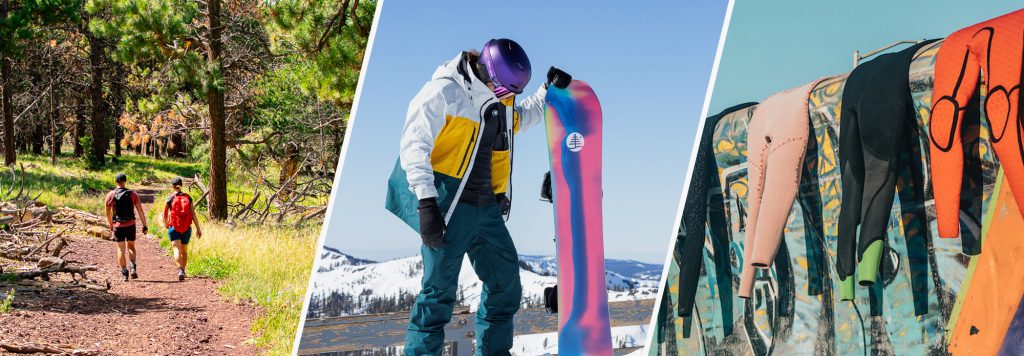 The Inertia Gear Page - side by side photo of hiking, snowboarding, and wetsuits