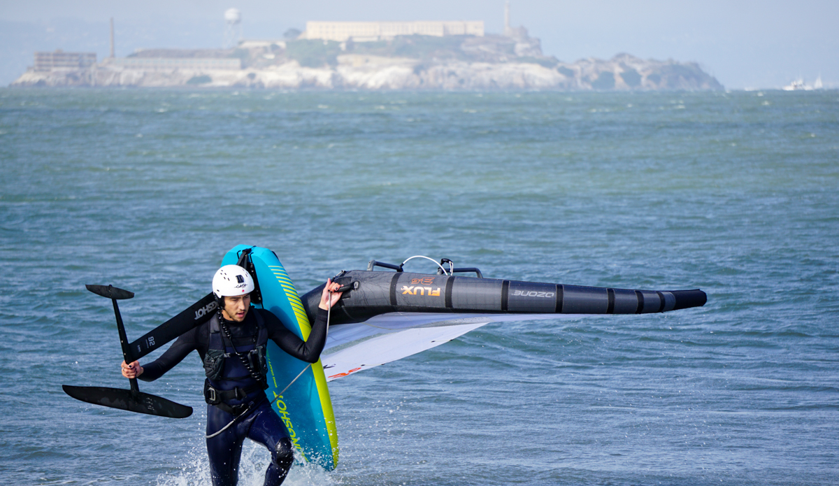 Testing the Ozone Flux wing foil wing at Crissy Field