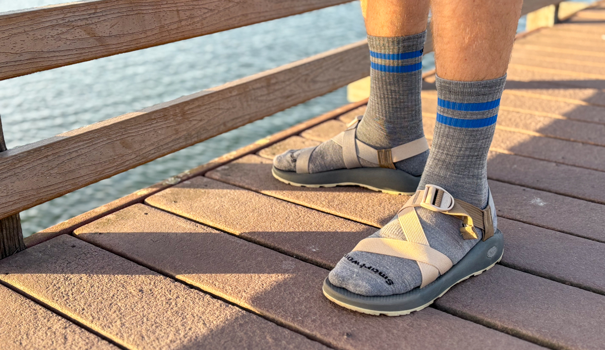 Chaco Z/1 Classic on the pier with socks front view