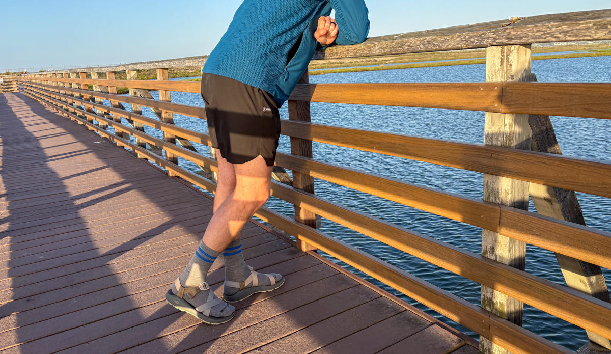Chaco Z/1 Classic on the pier with socks zoomed out side view