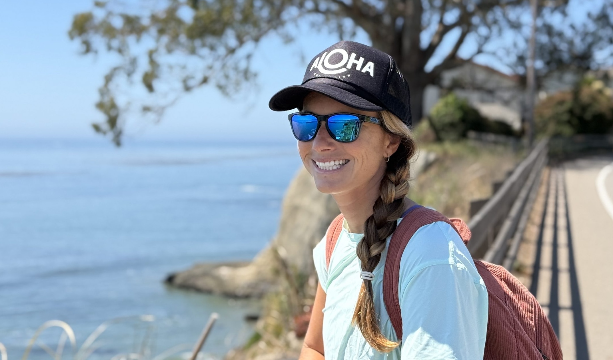 Rebecca wearing the Oakley frogskin sunglasses