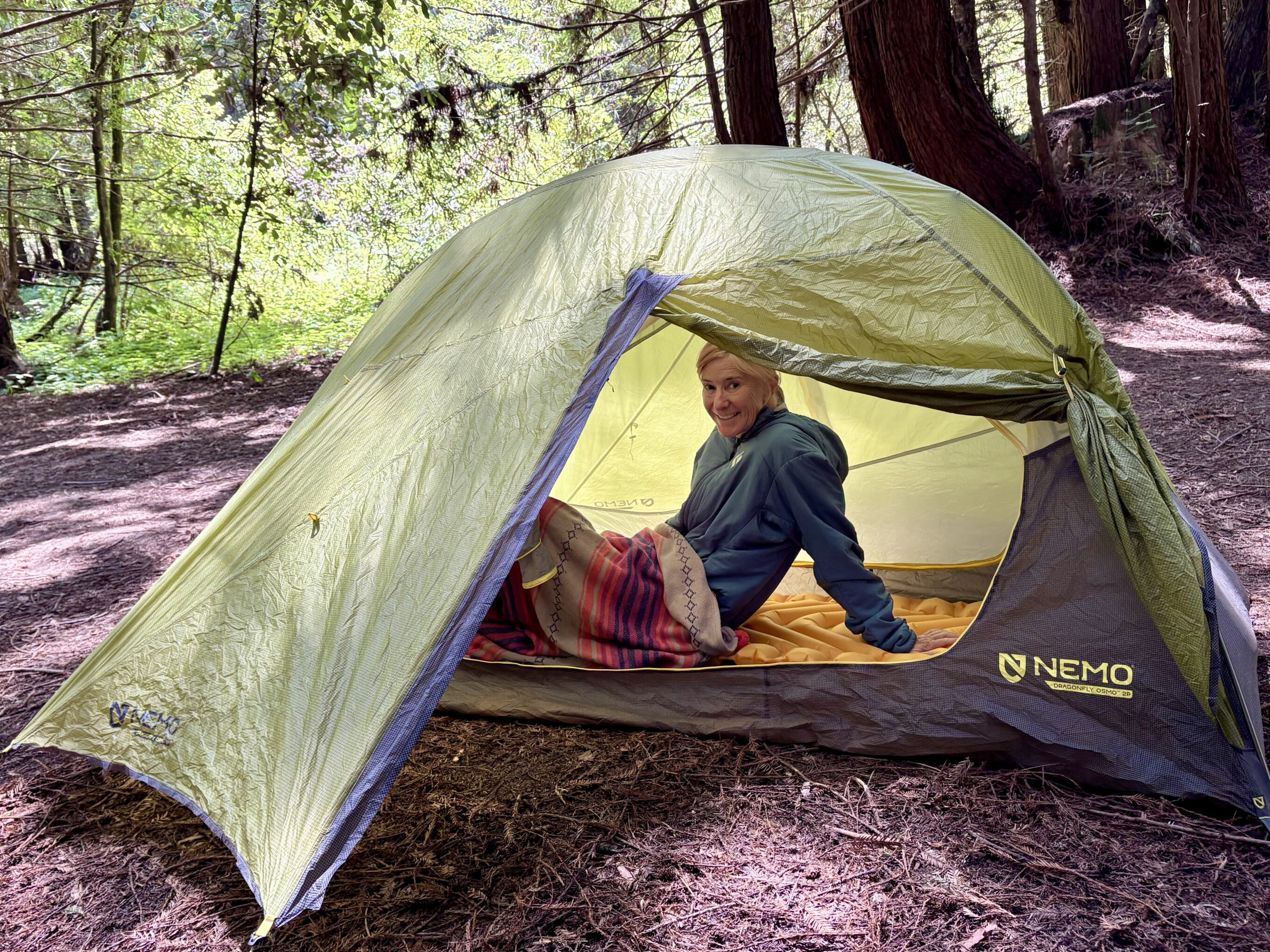 a woman in a tent