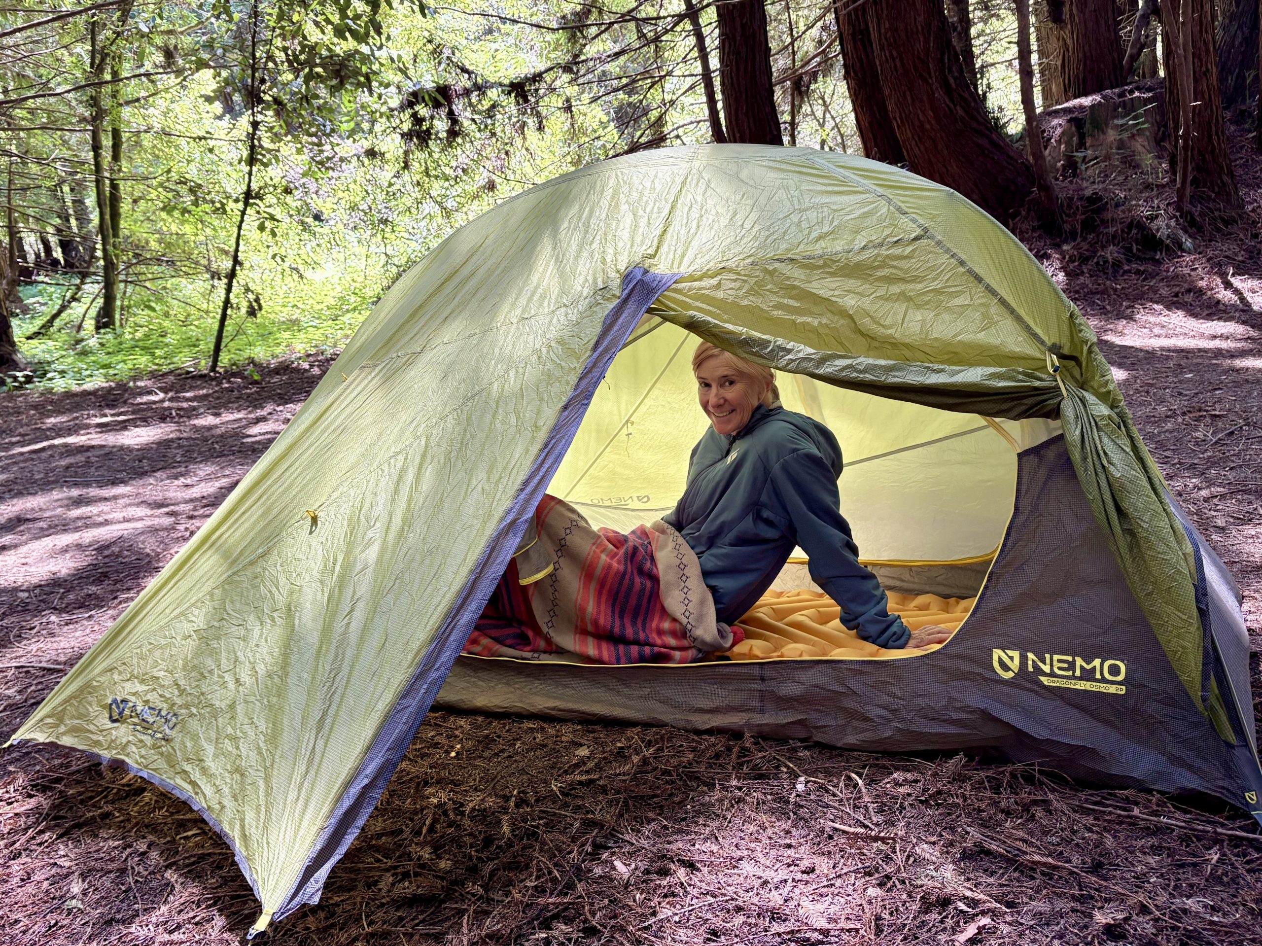 a woman in a tent