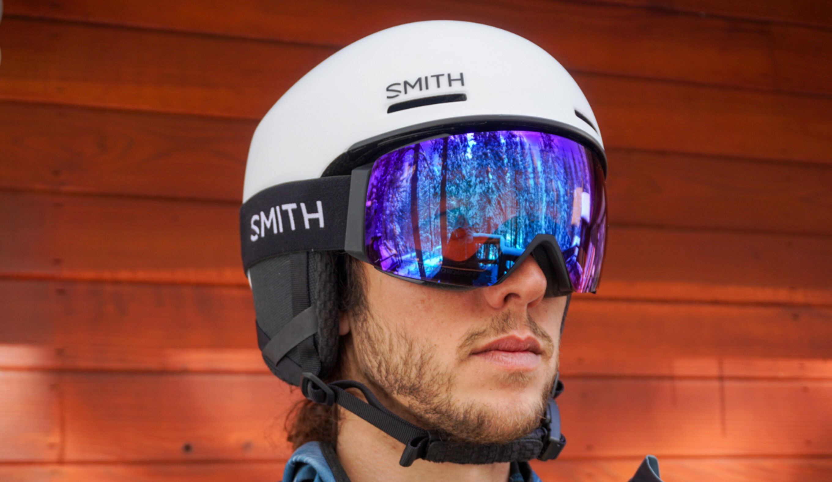 Wearing the smith I/O Mag snow goggles and Smith Method Pro Helmet
