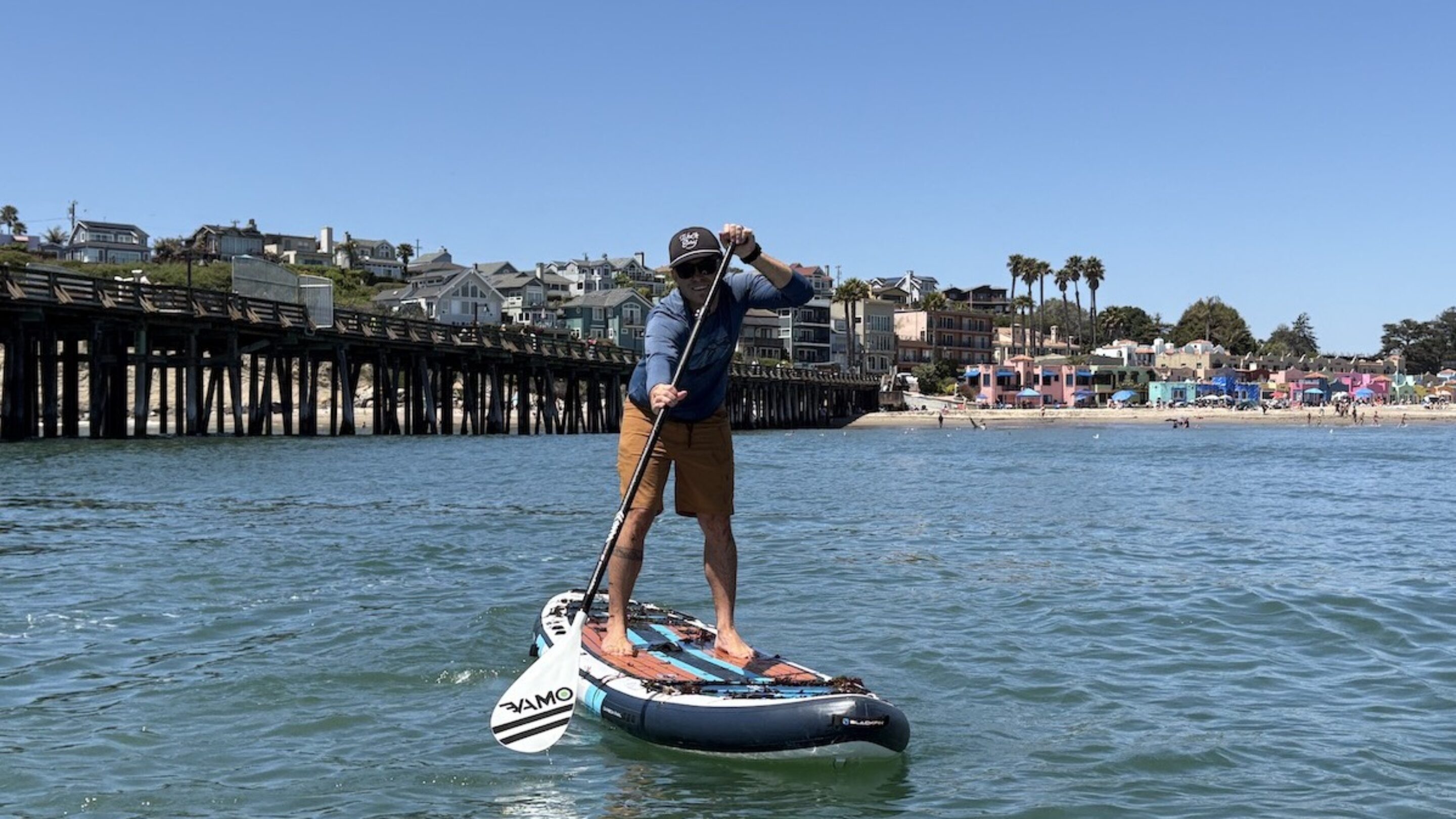 a man stand up paddling