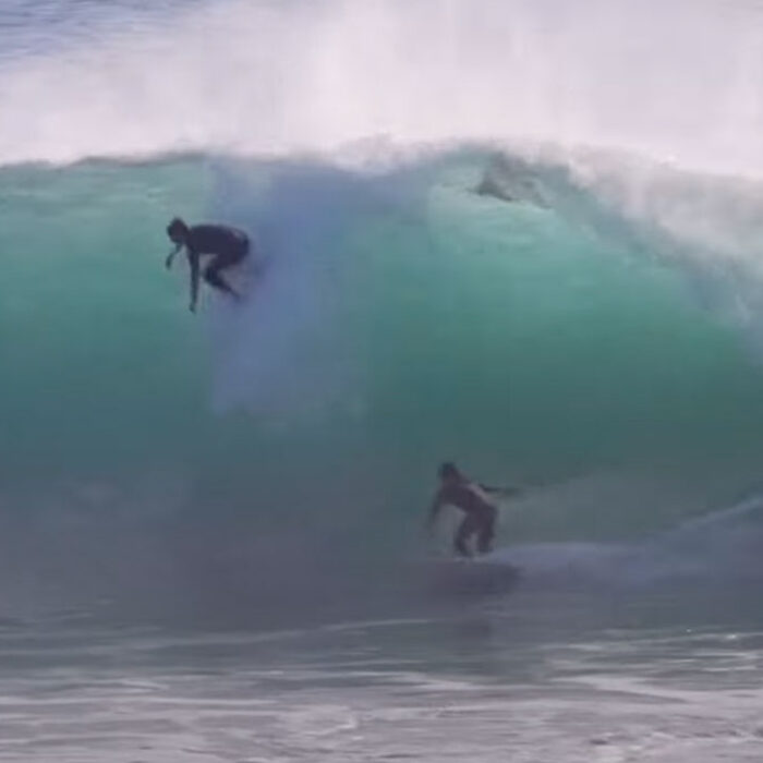 Kirra Point surfers on the same wave