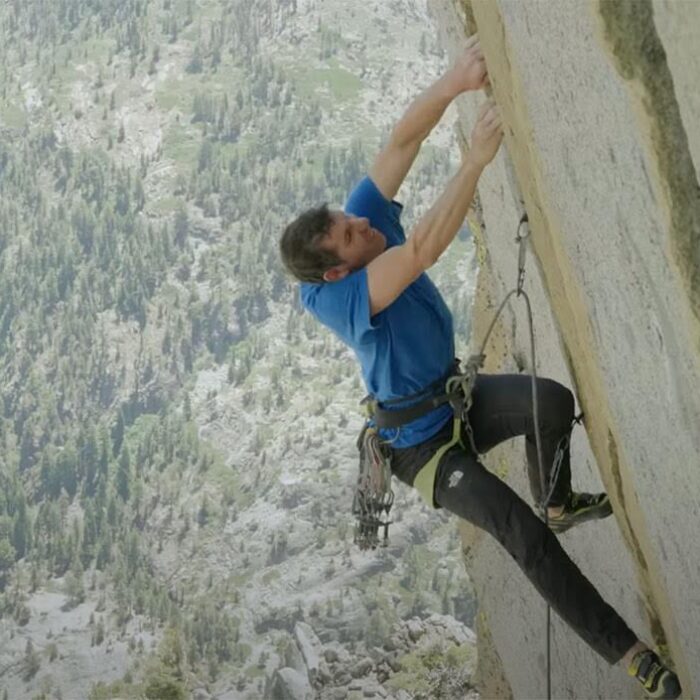 Alex Honnold climbing a crack in Tahoe