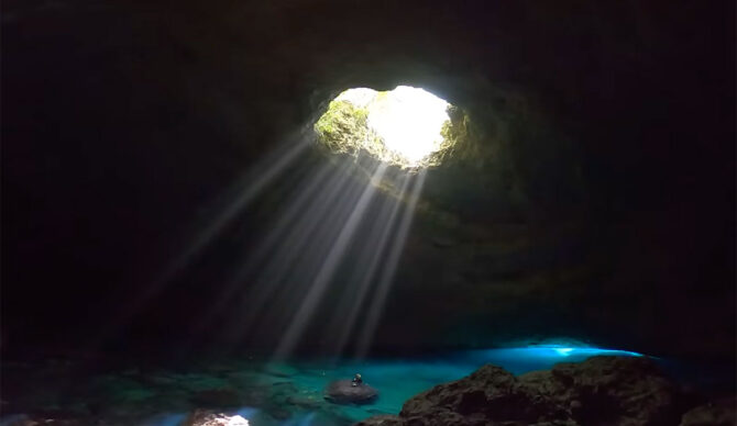Nate Florence in a cave in the Pacific