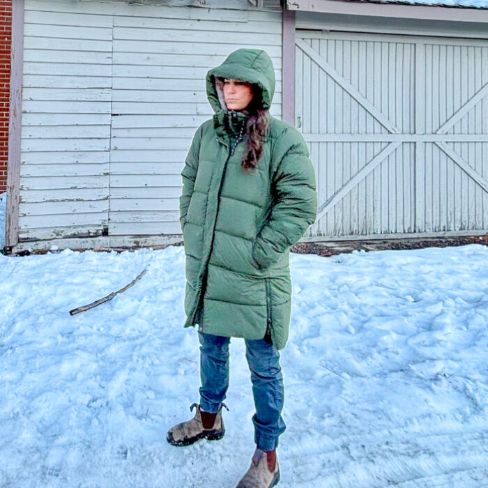 wearing the REI Co-op women's campwell down parka