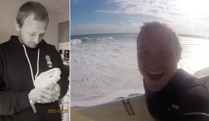 Ben Gravy with his son and smiling with a surfboard