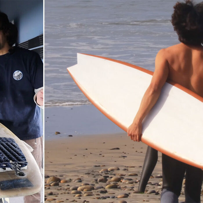 Zack Flores with an old thruster surfboard and a new Ryan Burch-inspired Pickle Fork