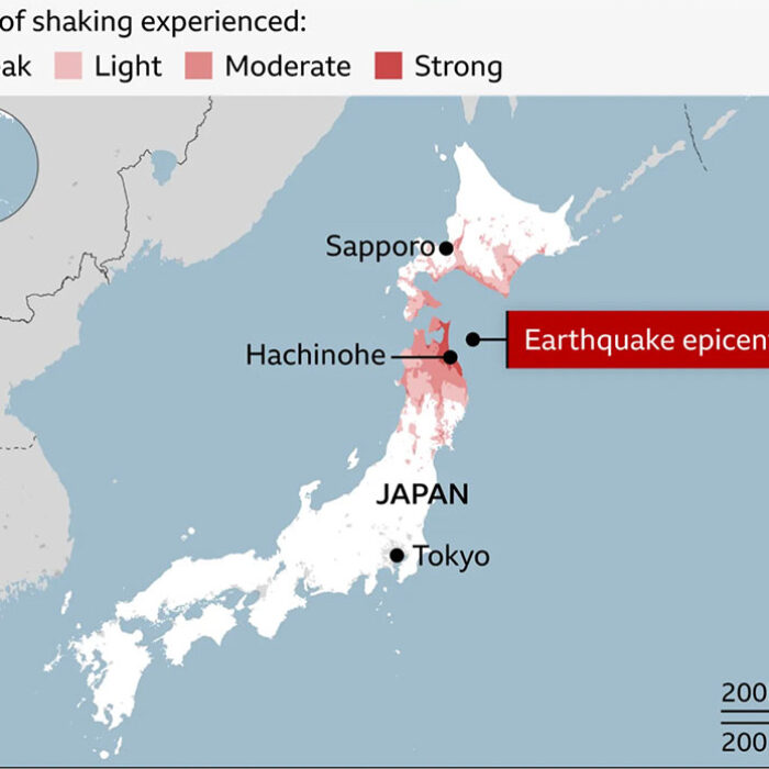Japanese earthquake map showing severity of earthquake