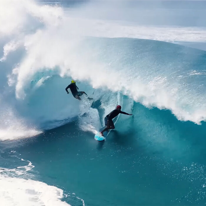 Two surfers in a barrel at Pipeline on a day that Koa Rothman called dangerous