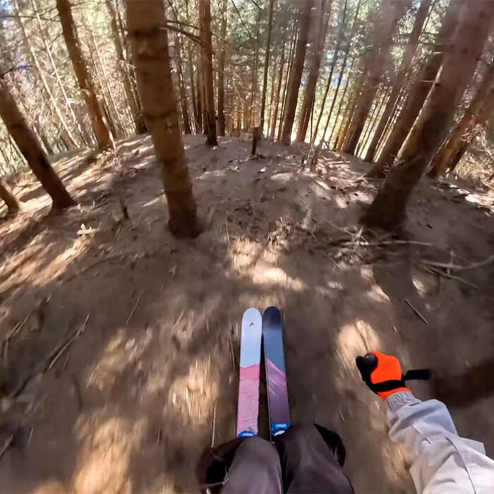 David Meier skiing through trees on dirt