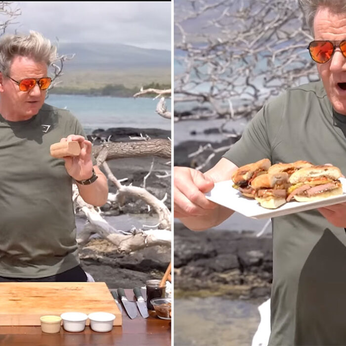 Gordon Ramsay making a Spam sandwich on a beach in Hawaii