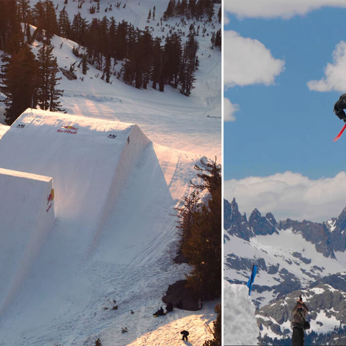 snowboarders hitting 100-foot jump at Mammoth Mountain