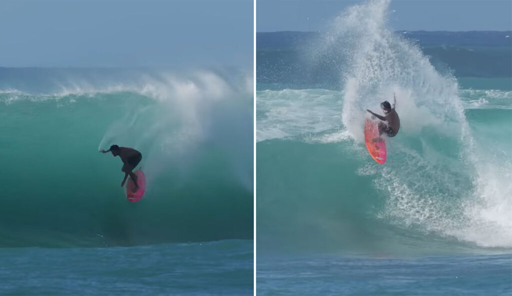 Mikey February surfing a Channel Islands Twin Pin on the North Shore of Oahu, Hawaii.