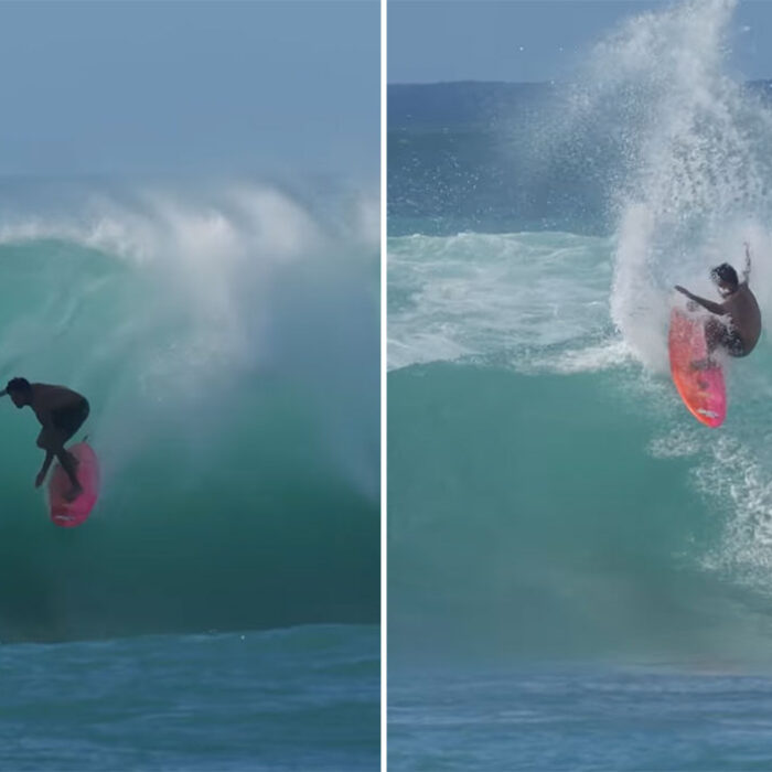 Mikey February surfing a Channel Islands Twin Pin on the North Shore of Oahu, Hawaii.