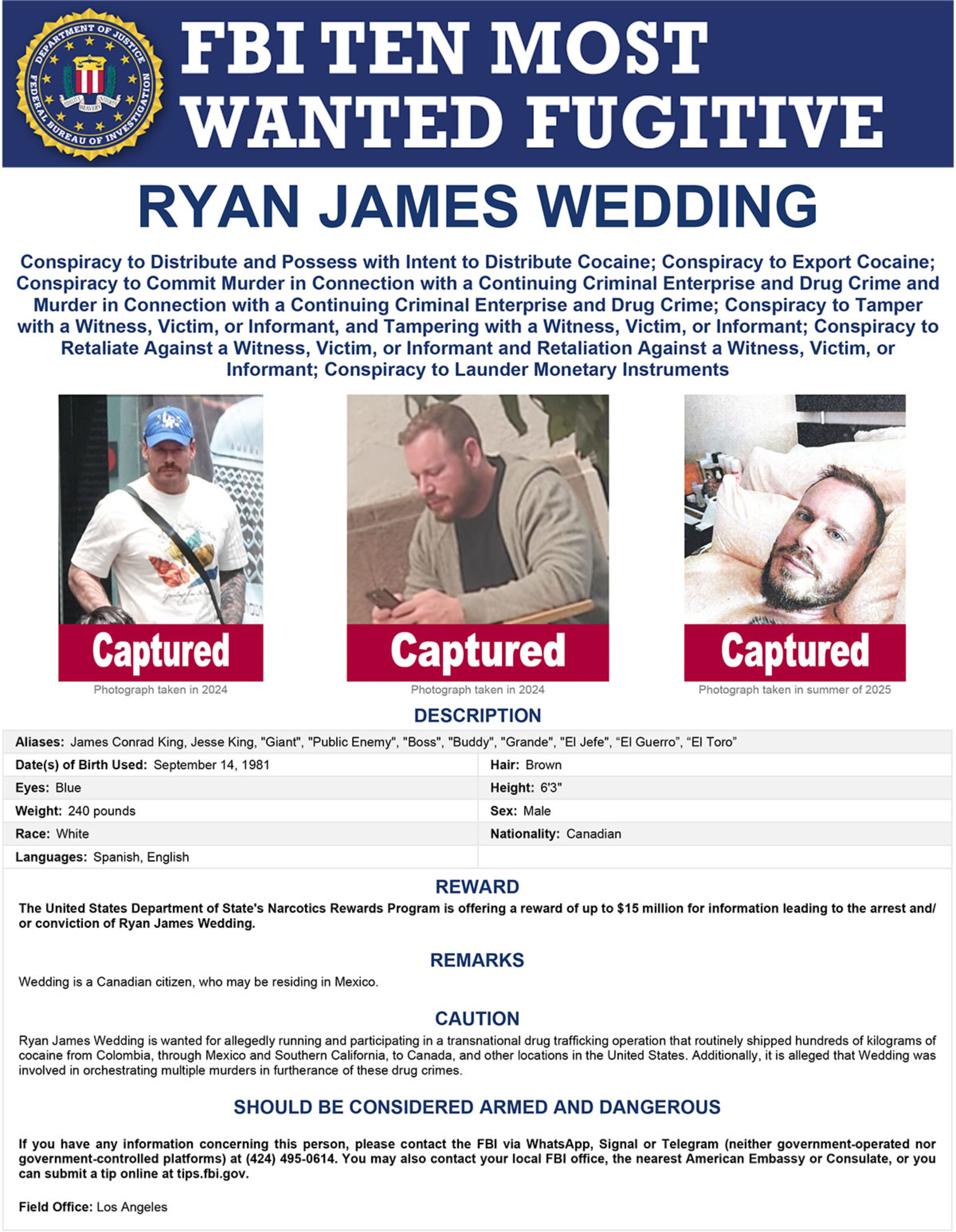 Cocaine trafficker Ryan James Wedding FBI Most Wanted List