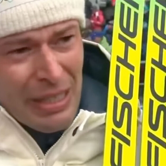 Olympic medalist Sturla Holm Lægreid crying in an interview confessing to cheating on his girlfriend