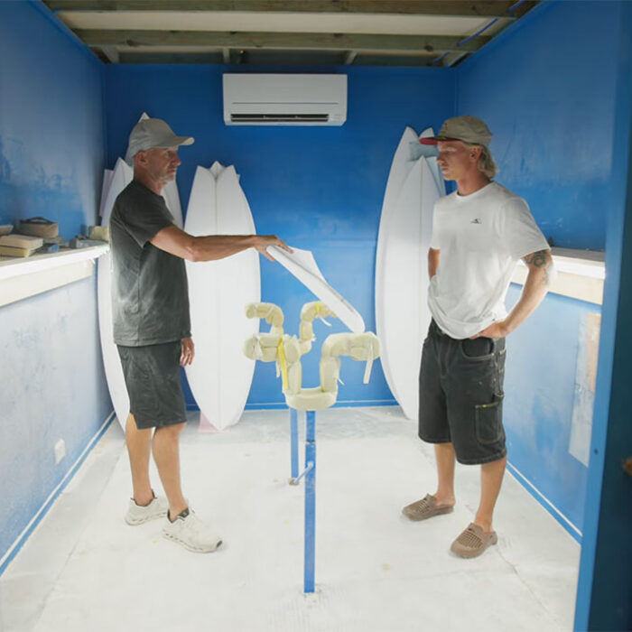 Darren Handley making a custom surfboard for Joel Vaughan