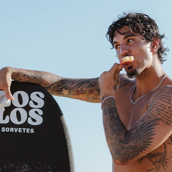Gabriel Medina eating Los Los bar on a beach in Brazil